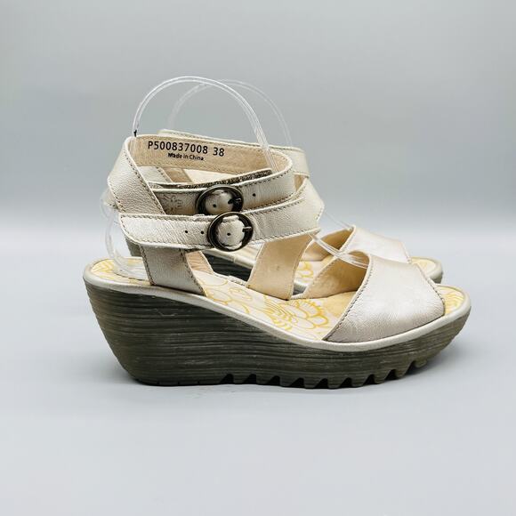 Fly London Shoes Womens 7.5 Euro 38 Wedge Sandals Metallic Gold Strappy Peep Toe - Picture 1 of 11